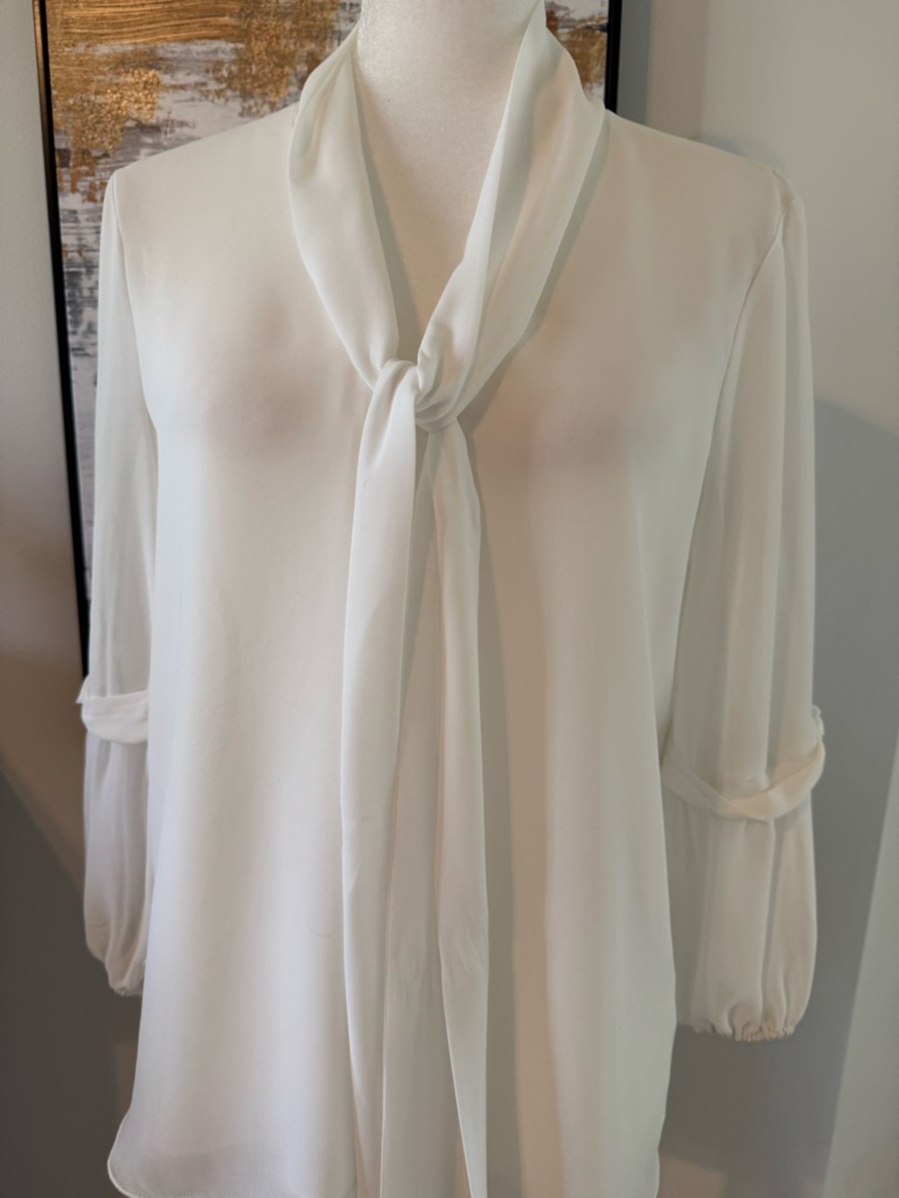 Max Studio Cream Tie-Neck Blouse with Three-Quarter Sleeves